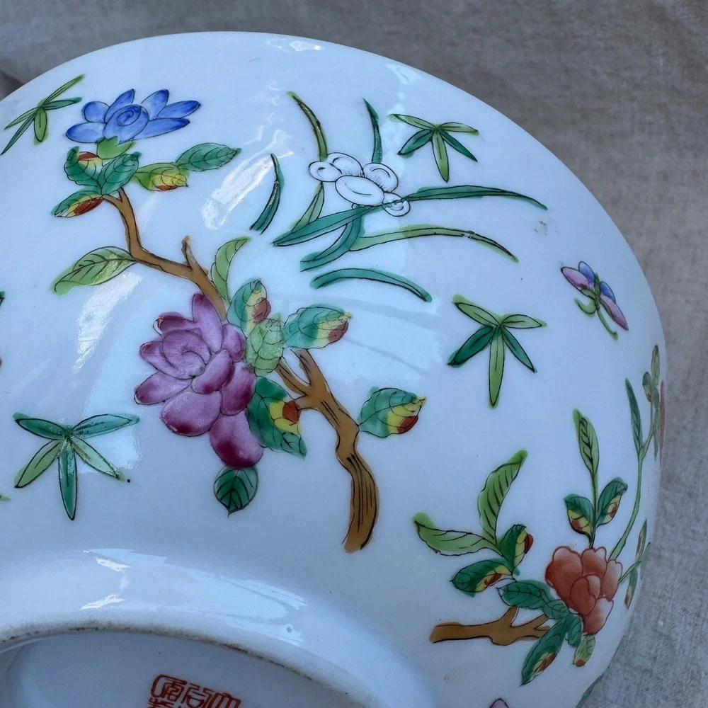 Vintage 70s Hong Kong Porcelain Bowl 60s Famille Rose Grasshopper Floral 9in